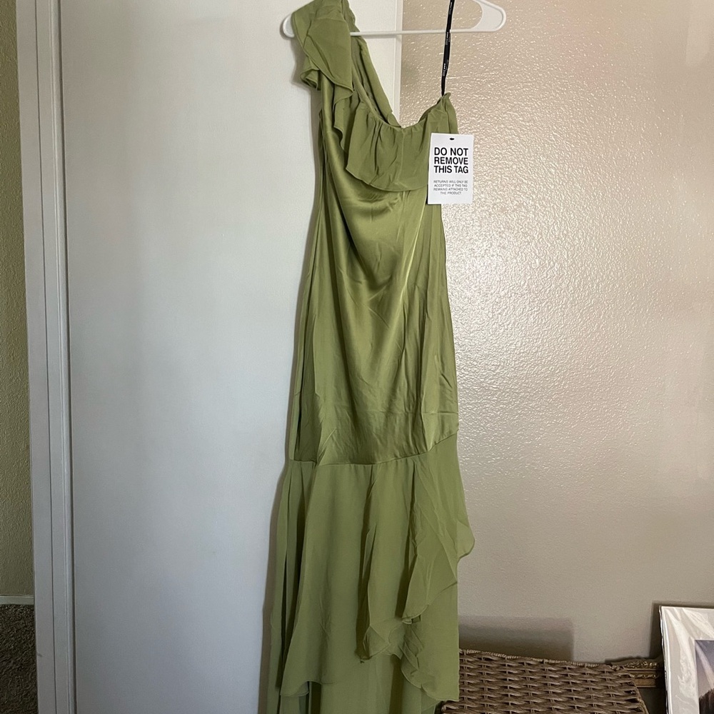 ASOS Petite Green One Shoulder Gown with Ruched Ruffles - Picture 3 of 3